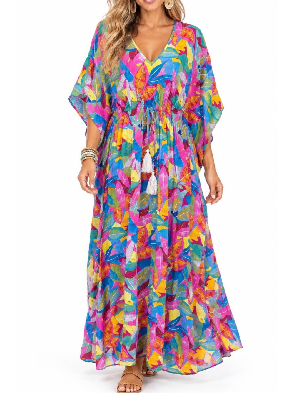 Entro Multicolor vibrant abstract botanical print Maxi Dress- Size Large